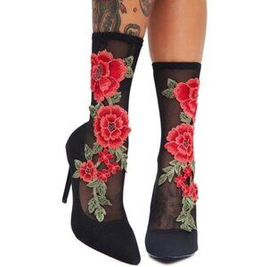 Liliana Black Sheer Floral Stiletto Pointed Heels size 8.5 Barbie